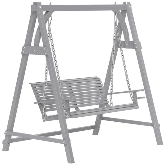 Outsunny 2 Seater Garden Swing Seat, Wooden Swing Chair Bench with Cup Holders for Outdoor Porch Patio, Grey