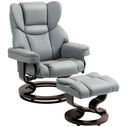 HOMCOM 360 degrees Swivel Recliner Chair with Footstool, PU Leather Manual Recliner Armchair with Footstool, Solid Wood Base, Upholstered Reclining Chair for Living Room, Bedroom, Office, Light Grey