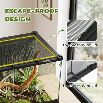 PawHut Reptile Glass Terrarium with Stone Background, Front Ventilation, Escape-Proof Knob Lock, 50 x 30 x 35 cm, Black