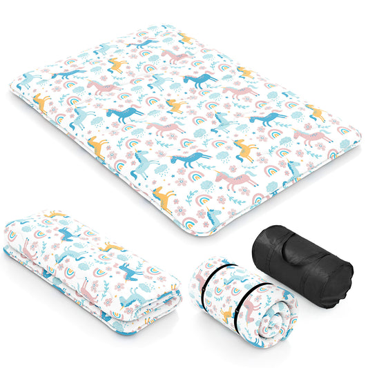 Japanese Floor Mattress with a rainbow unicorn pattern, shown flat and folded
