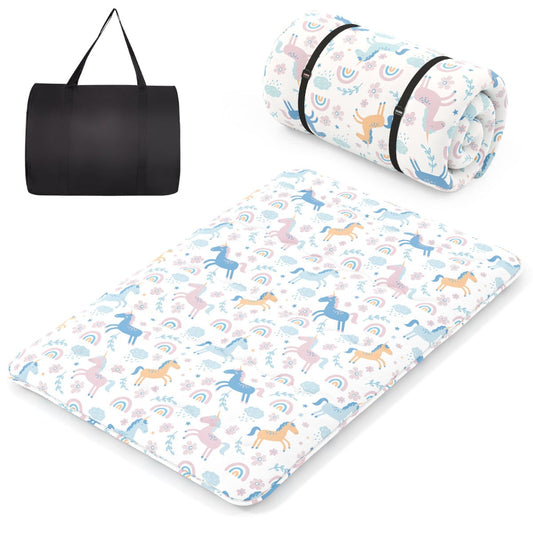 Japanese Floor Mattress shown flat, rolled up and inside its black carry bag