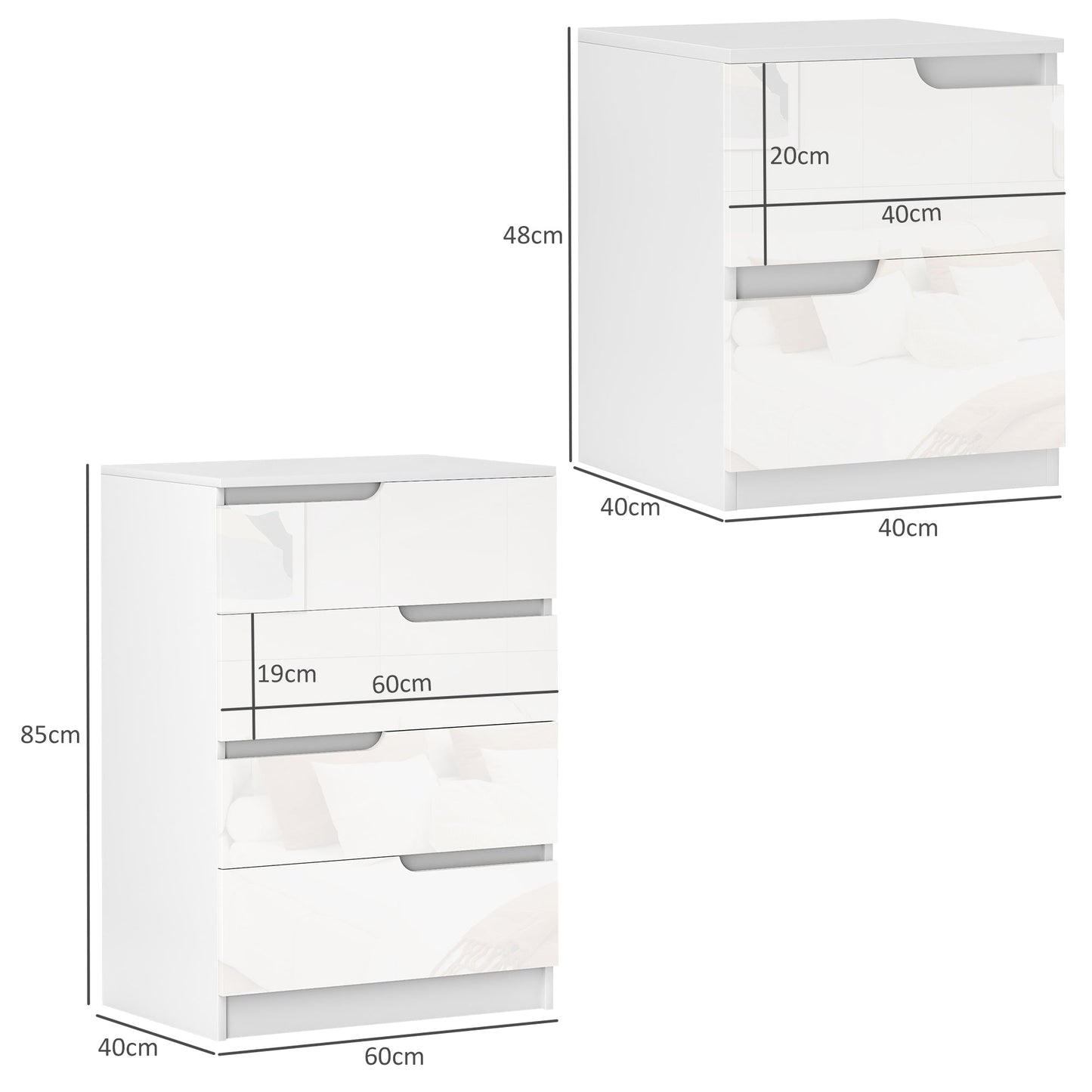 HOMCOM Chest of Drawers and Bedside Table, Modern, High Gloss