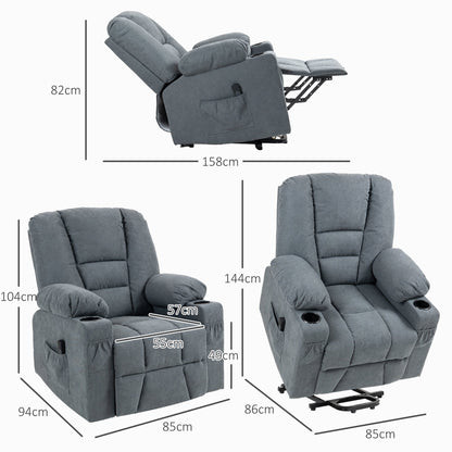 Dimensions of the grey fabric riser and recliner chair shown from multiple angles
