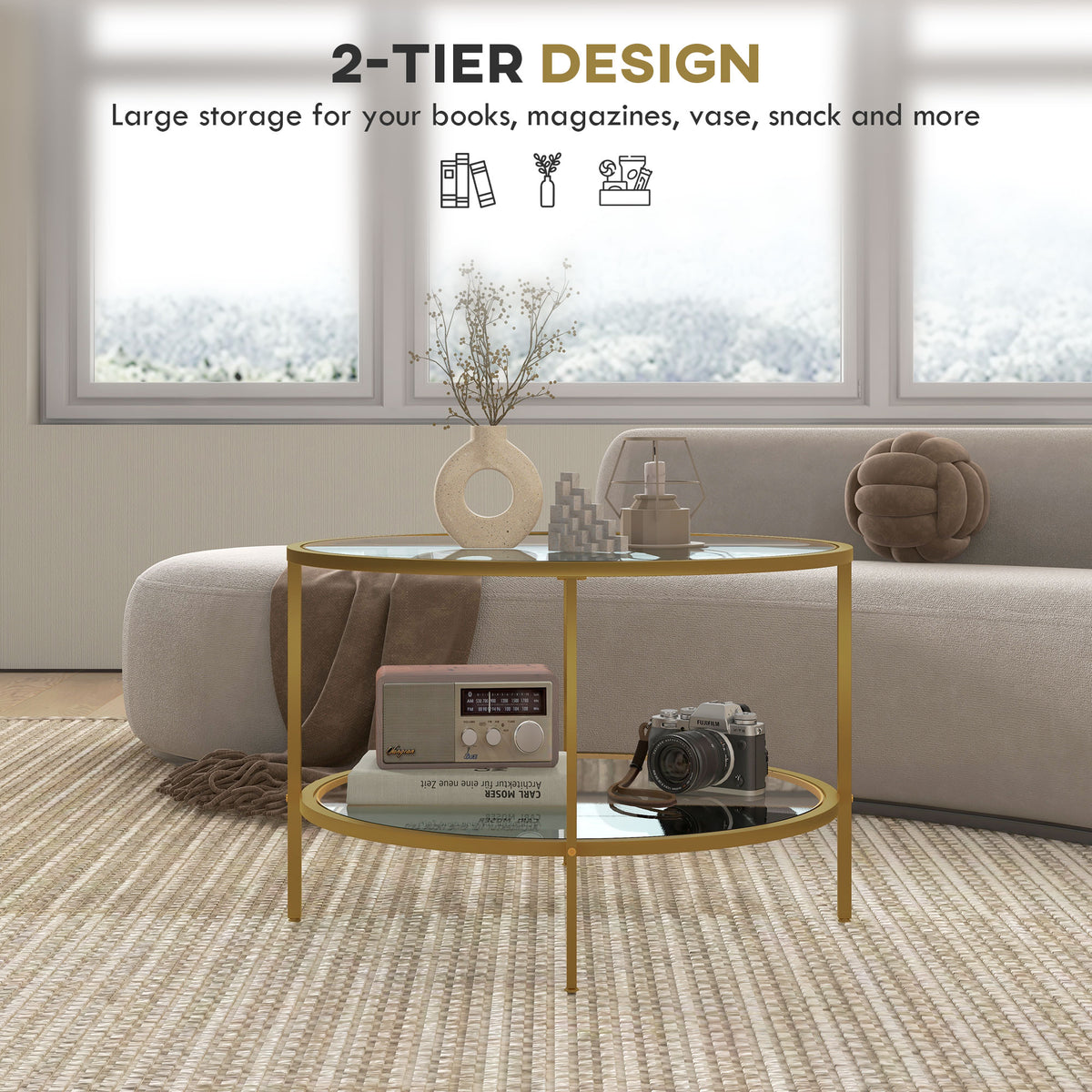 HOMCOM Round Coffee Table with Storage in Gold Tone