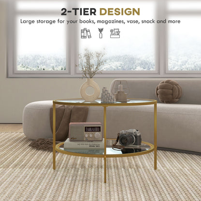 HOMCOM Round Coffee Table with Storage in Gold Tone