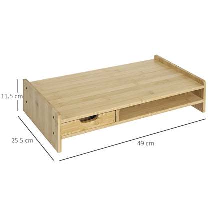 HOMCOM Monitor Riser Laptop PC Plinth Stand TV Computer Desktop Organiser W/ Drawer Bamboo