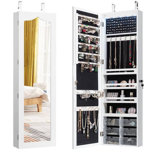 Jewelry Cabinet Armoire with Full Length Mirror-White, open to reveal storage and a mirror