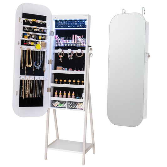 Jewelry cabinet with full-length mirror open showing organised jewellery and LED lights
