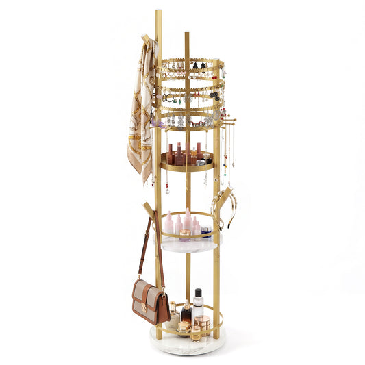 Jewelry Organizer Stand with multiple shelves and hanging hooks, displaying necklaces and earrings