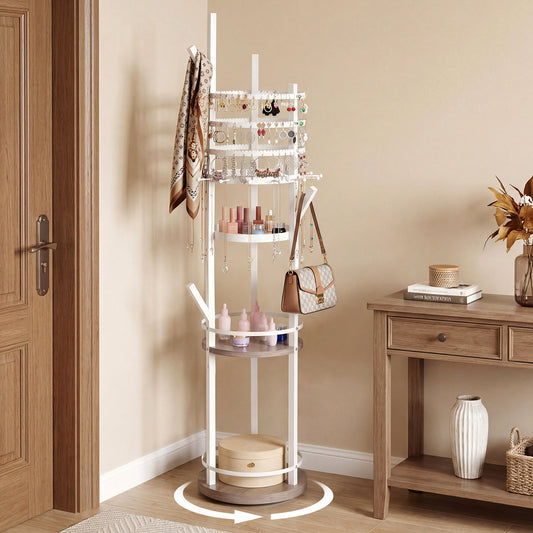 The jewelry storage rack in a room with a scarf and handbags displayed on it