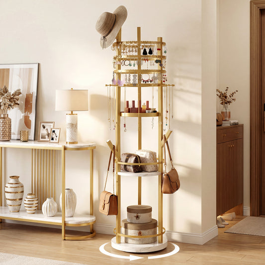 The floor jewelry storage rack is shown in a bedroom setting with a handbag and hat