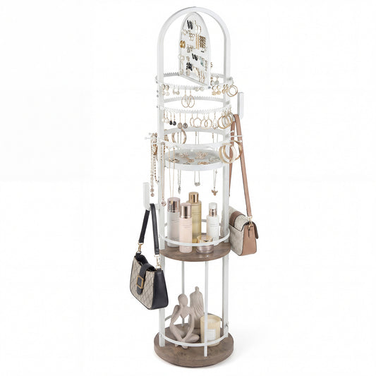 Jewelry Organizer Stand holding various necklaces, earrings, bags and bottles on a white background