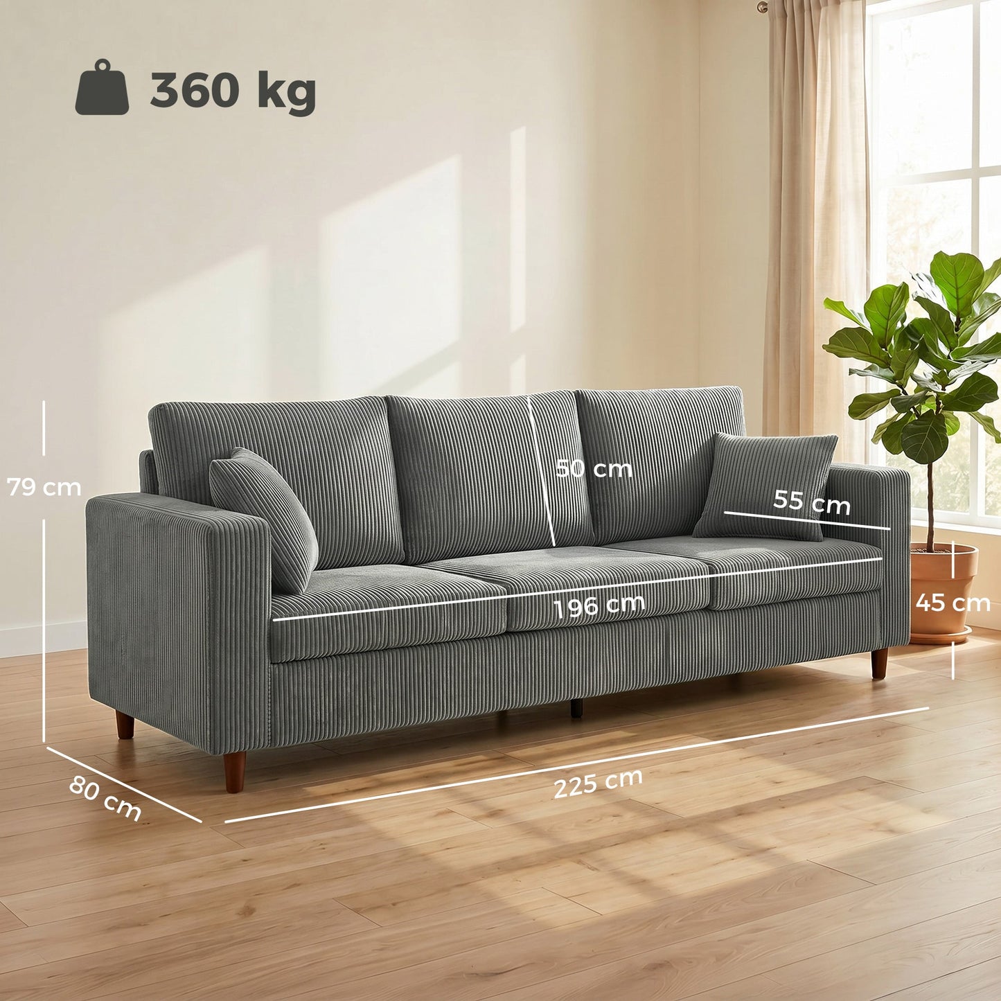 HOMCOM 3 Seater Sofa with Wide Seat, Corduroy Fabric Couch with Deep Seat, Spring Cushion, Light Grey