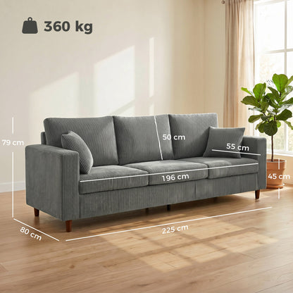 HOMCOM 3 Seater Sofa with Wide Seat, Corduroy Fabric Couch with Deep Seat, Spring Cushion, Light Grey