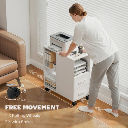 HOMCOM Narrow Mobile Printer Table with Wheels, Rolling Printer Stand with Drawers for Home Office, 30 x 60 x 65 cm, White