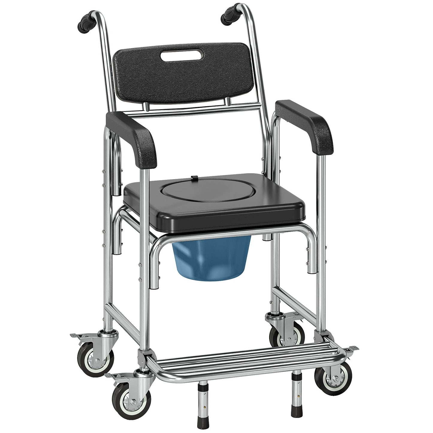 HOMCOM Transport Beside Shower Chair, 3-in-1 Commode Chair with Wheels and Padded Seat, Black