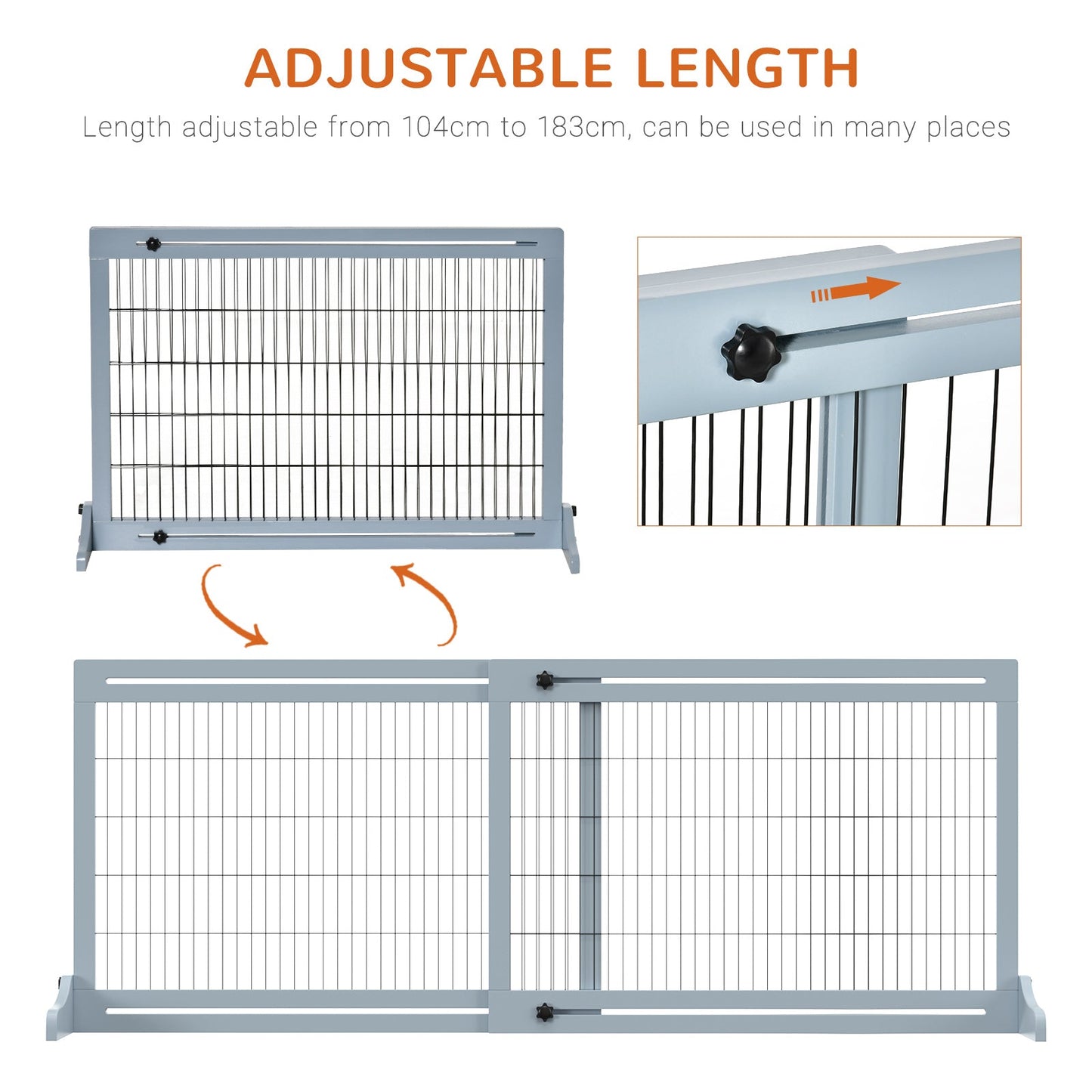 PawHut Freestanding Dog Gate, Foldable Pet Fence, Indoor Wood Barrier, Stair Gate with Support Feet, for Doorway, Hallway, Small and Medium Dogs, 69H x 104-180 cm, Blue-grey