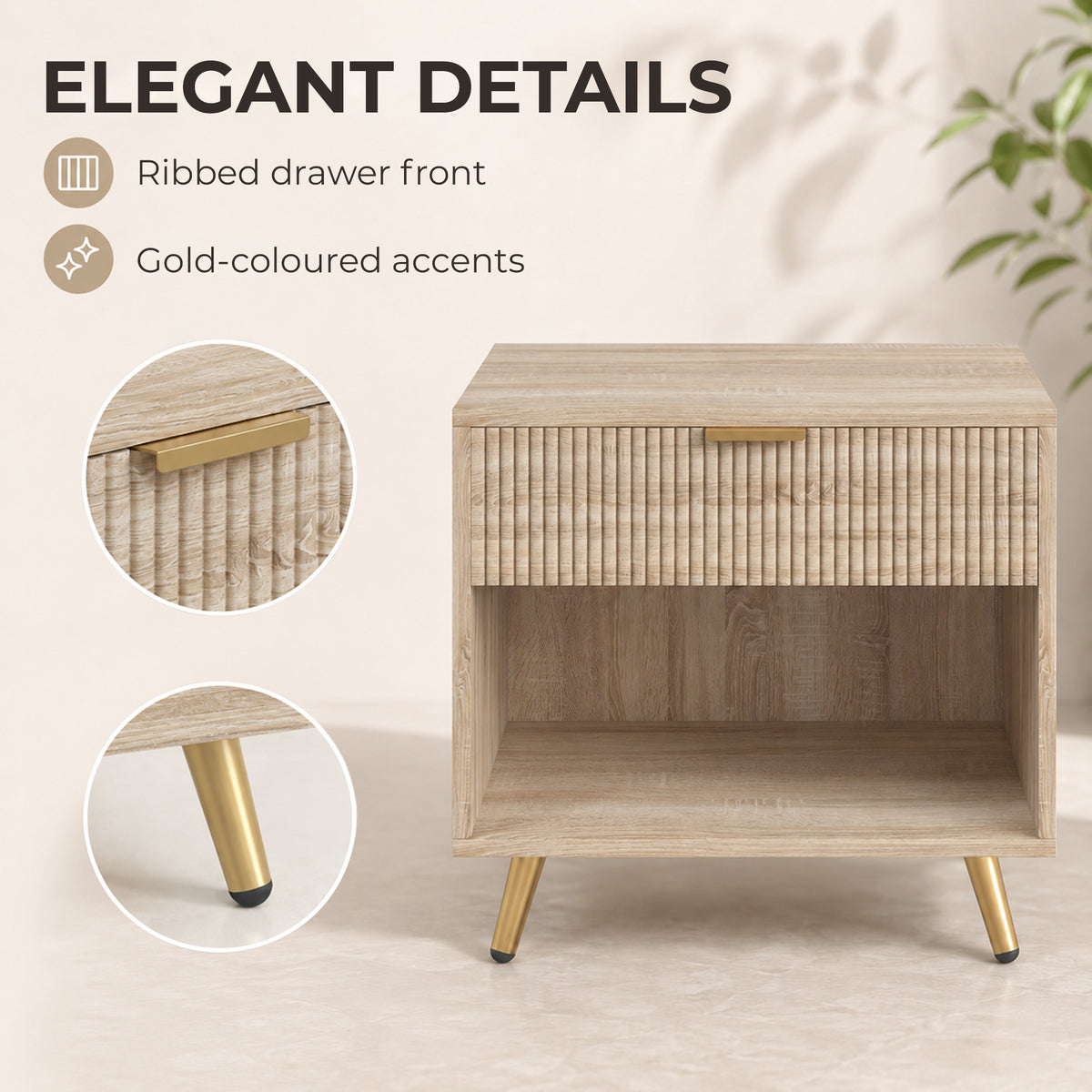 HOMCOM Bedside Table with Drawer and Open Compartment in a Natural Wood Finish