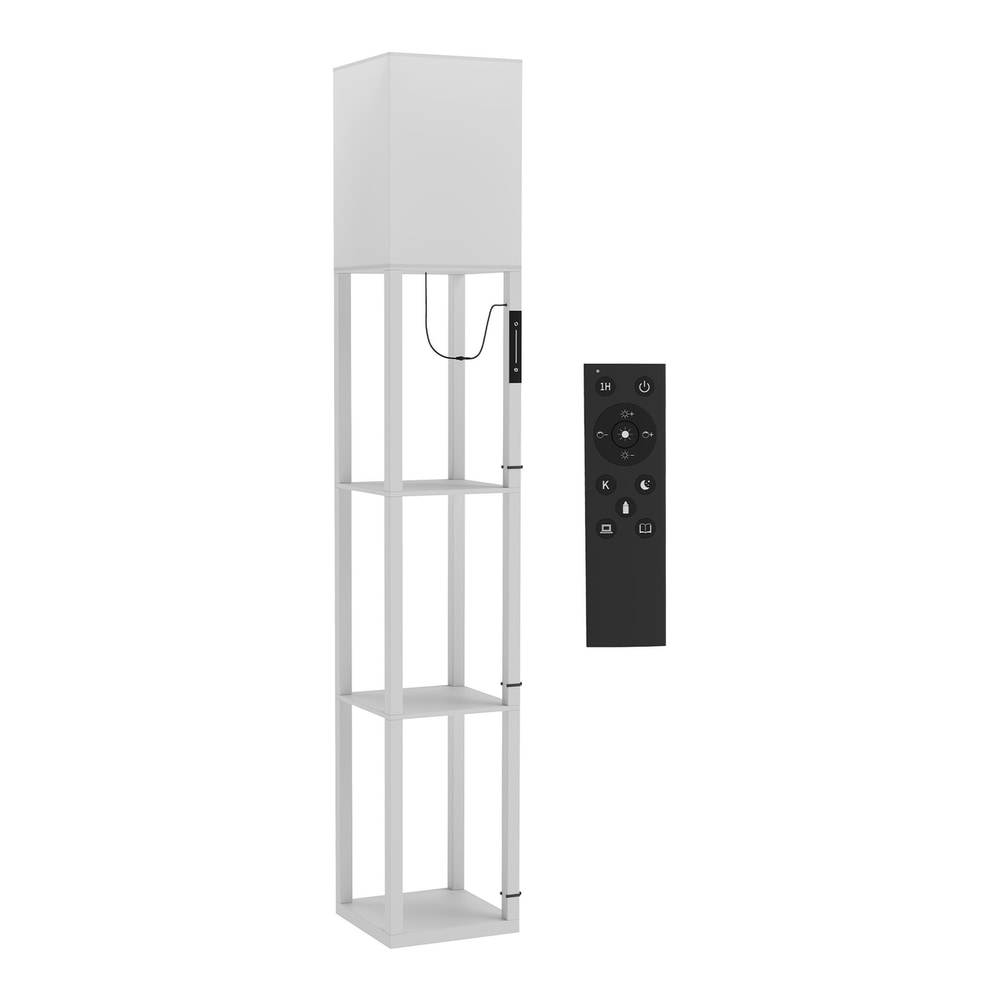 HOMCOM Floor Lamp with Shelves, Modern Dimmable Standing Lamp with Fabric Lampshade, Adjustable Colour Temperature, White