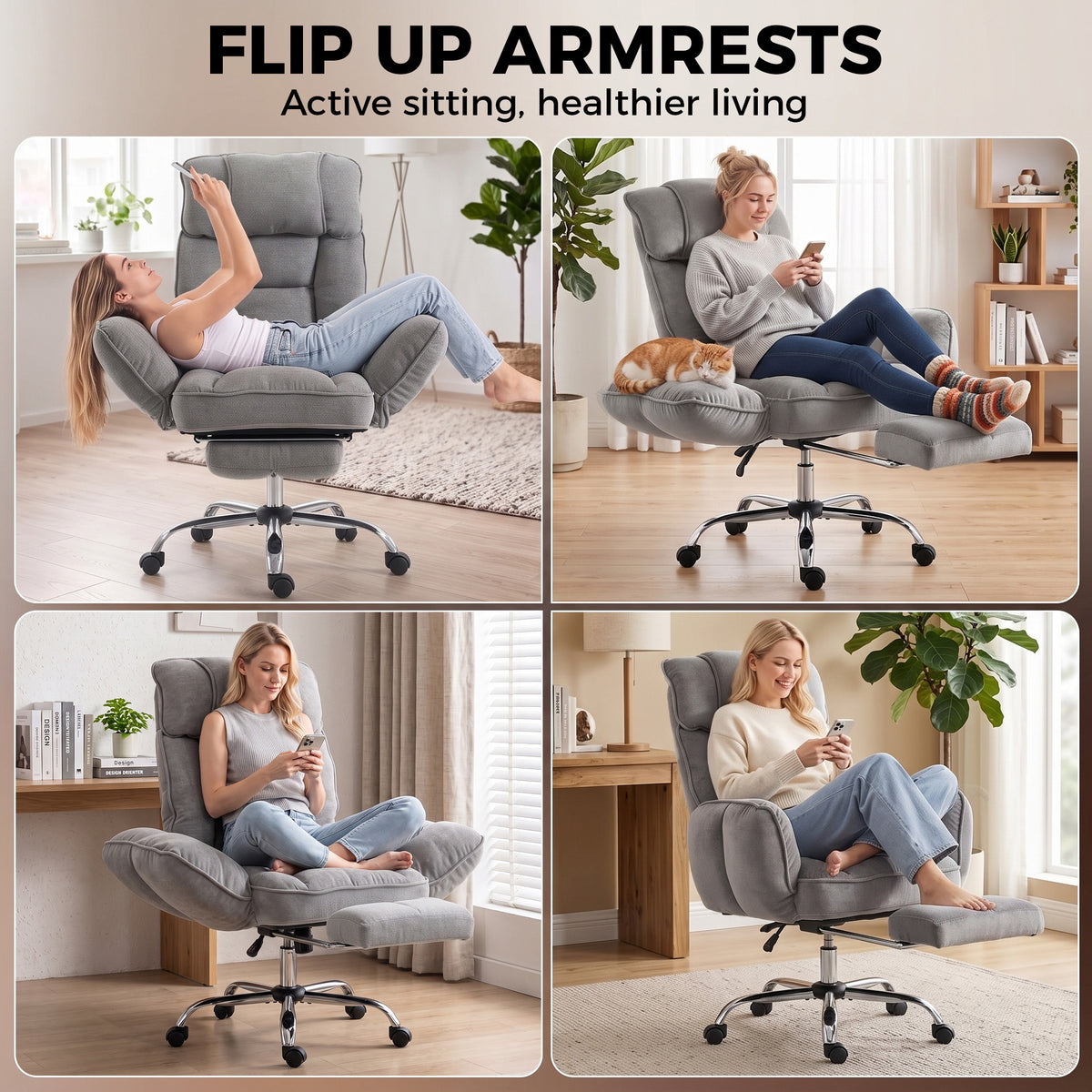 HOMCOM Executive Office Chair Height Adjustable Desk Chair Reclining Flip-up Armrest Footrest, Grey