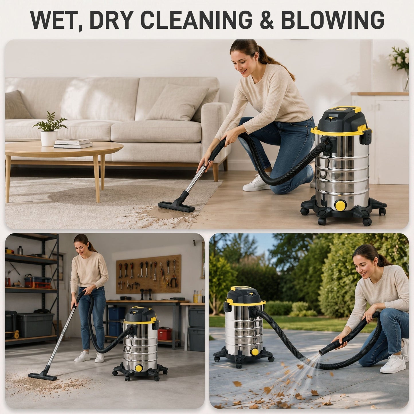 HOMCOM 1400W Vacuum Cleaner, 3-in-1 Wet and Dry Vacuum Cleaner with Blowing Mode and 30L Stainless Steel Tank, Silver Tone