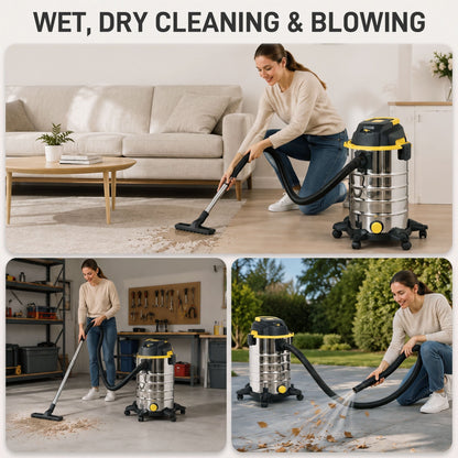 HOMCOM 1400W Vacuum Cleaner, 3-in-1 Wet and Dry Vacuum Cleaner with Blowing Mode and 30L Stainless Steel Tank, Silver Tone