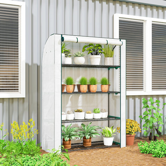 بيت زراعي صغير من Outsunny بغطاء PE مقوى، بيت زراعي محمول داخلي وخارجي بباب قابل للطي، 170 × 120 × 50 سم، أبيض
