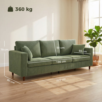 HOMCOM 3 Seater Sofa with Wide Seat, Corduroy Fabric Couch with Deep Seat, Spring Cushion, Green