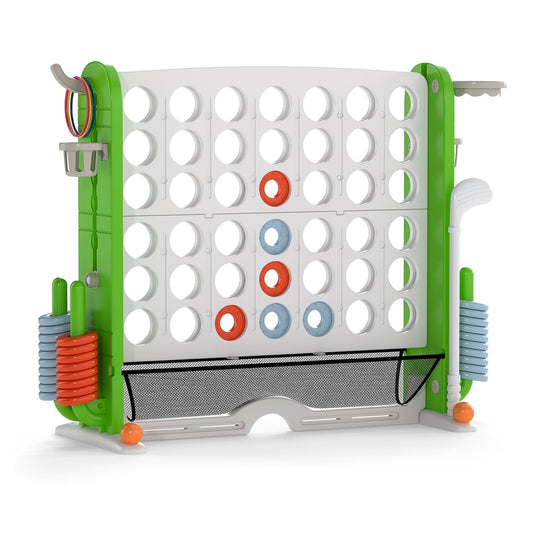 Jumbo 4-in-a Row Game Set with basketball hoop and 42 rings in green and white