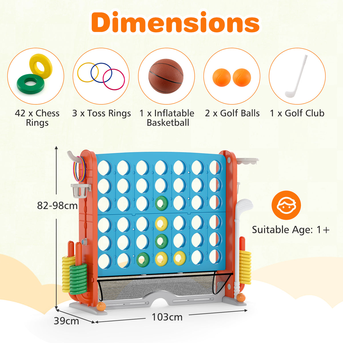 Dimensions diagram showing the lawn game and included accessories