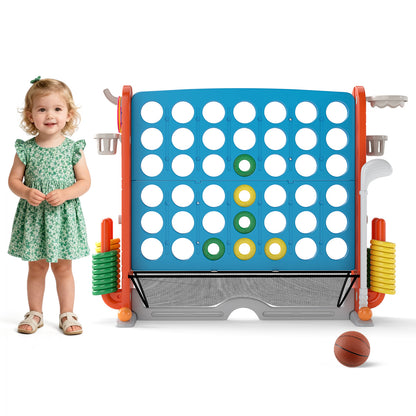 Young girl standing next to the lawn game with a basketball