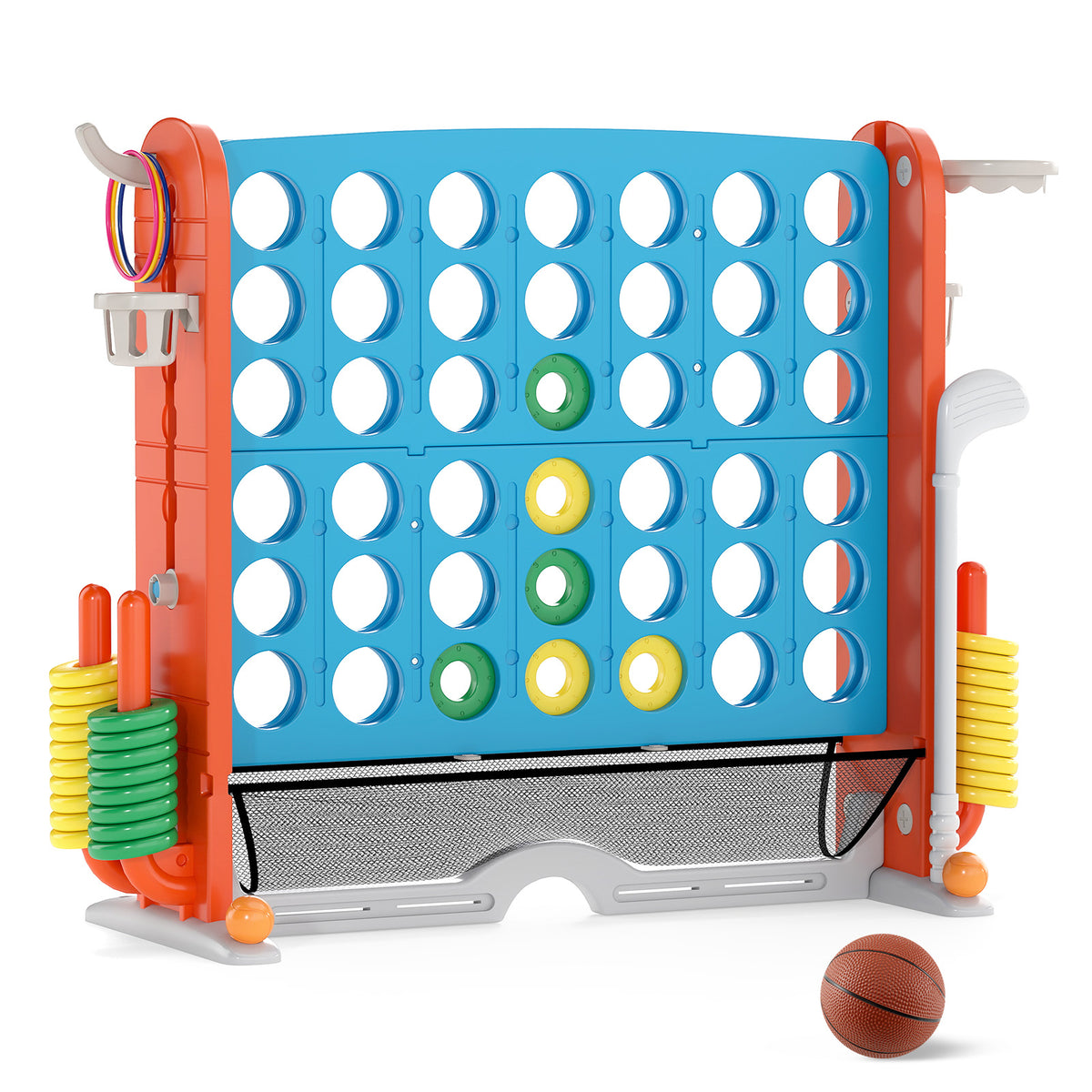 Close up of the lawn game with a basketball on the floor
