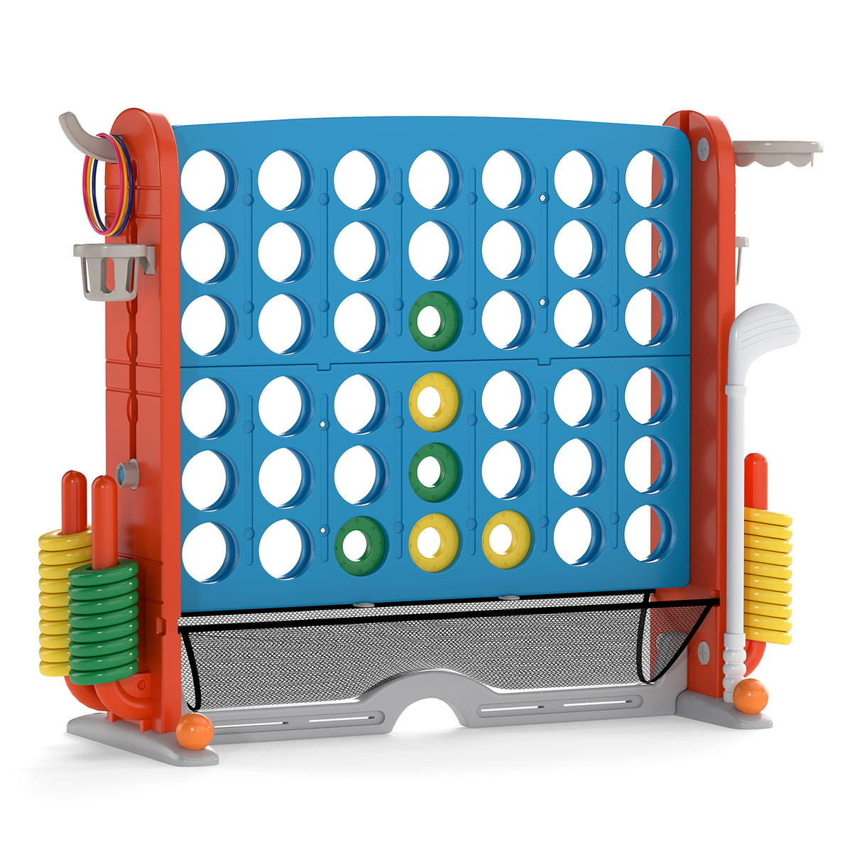Jumbo 4-in-a Row Game Set with basketball hoop and 42 rings in light blue