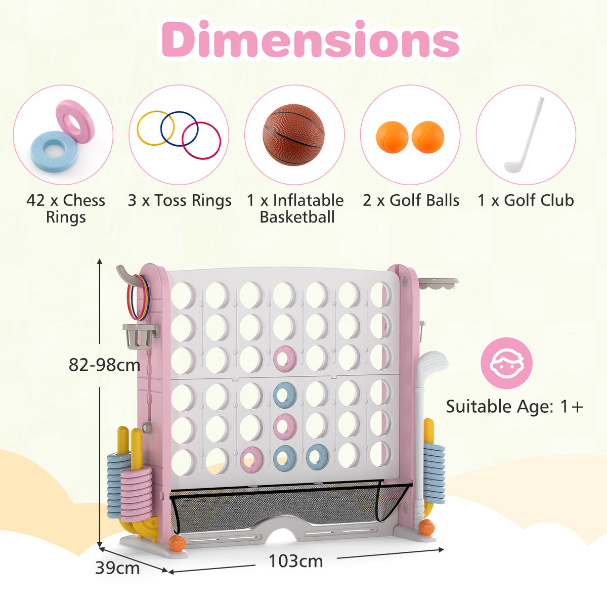 Diagram showing the dimensions and included accessories for the lawn game