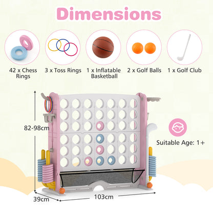 Diagram showing the dimensions and included accessories for the lawn game