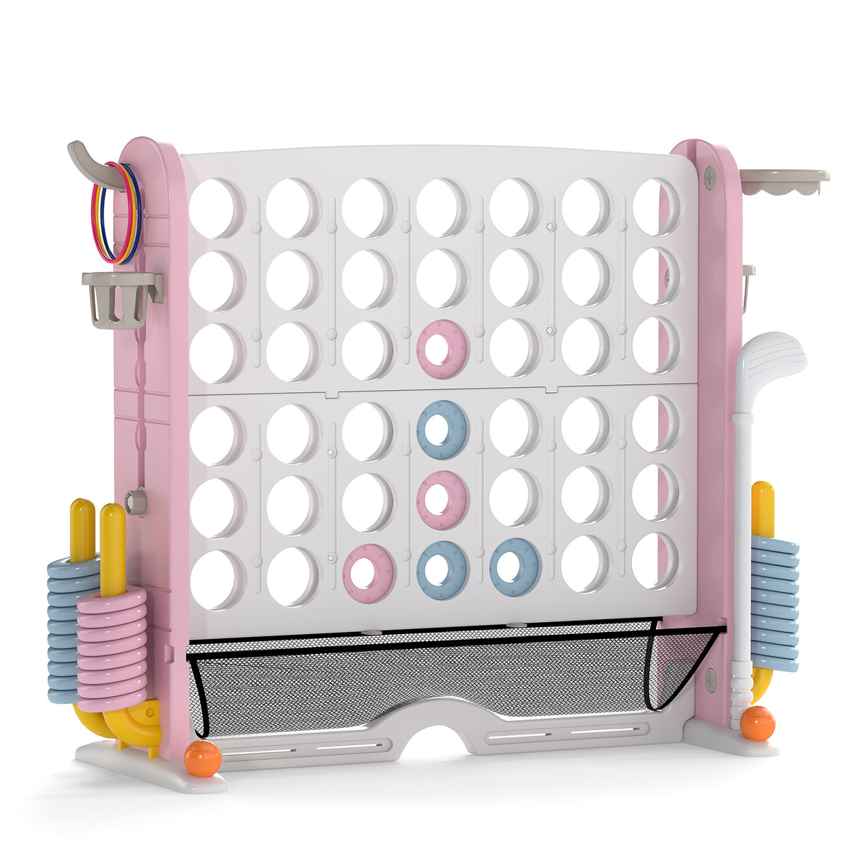 Jumbo 4-in-a Row Game Set with basketball hoop and 42 rings in pink and white