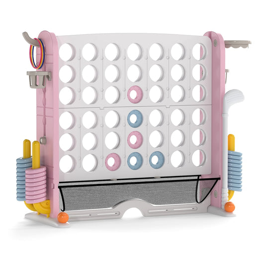 Jumbo 4-in-a Row Game Set with basketball hoop and 42 rings in pink and white
