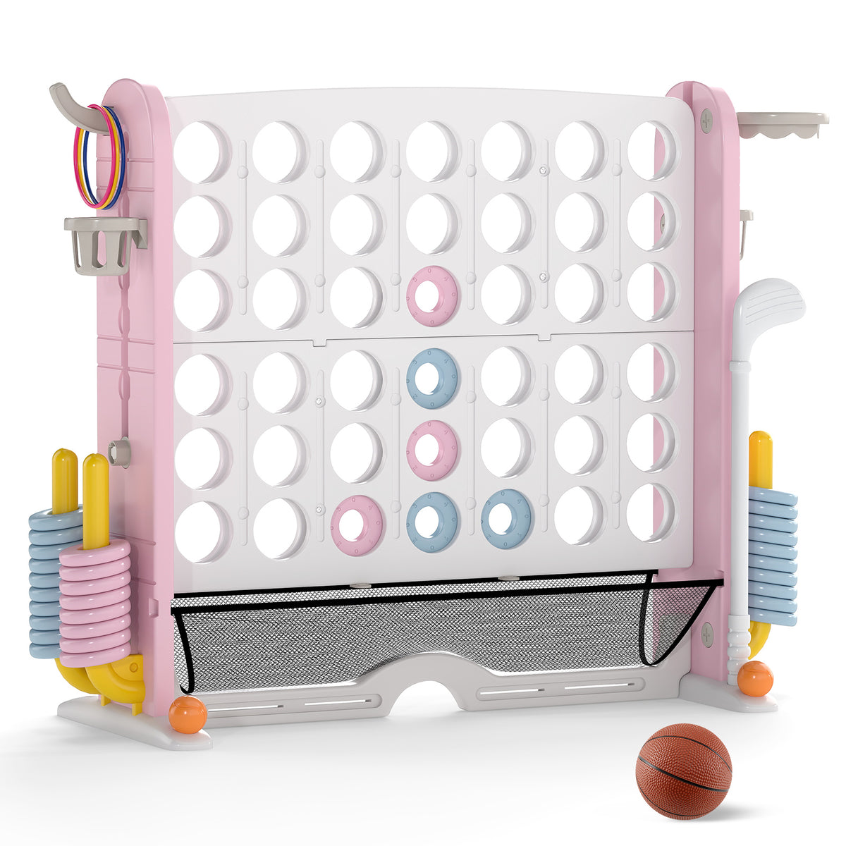 The pink and white jumbo connect four game set with a basketball on the floor