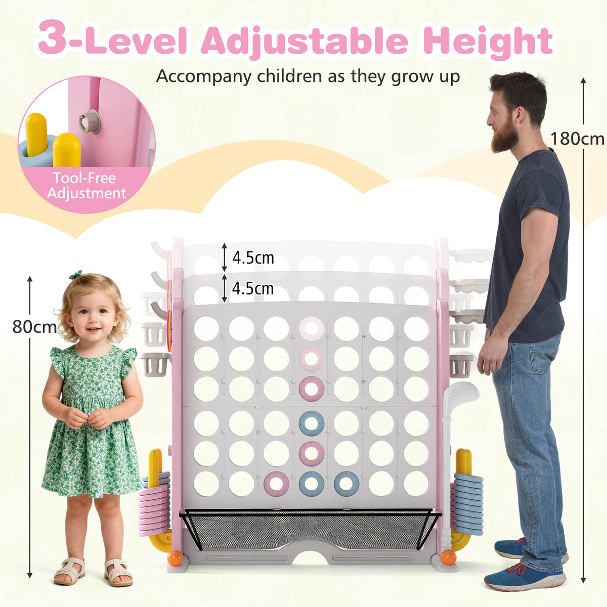 Size comparison of the connect four game set with children and an adult