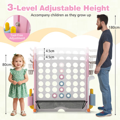 Size comparison of the connect four game set with children and an adult