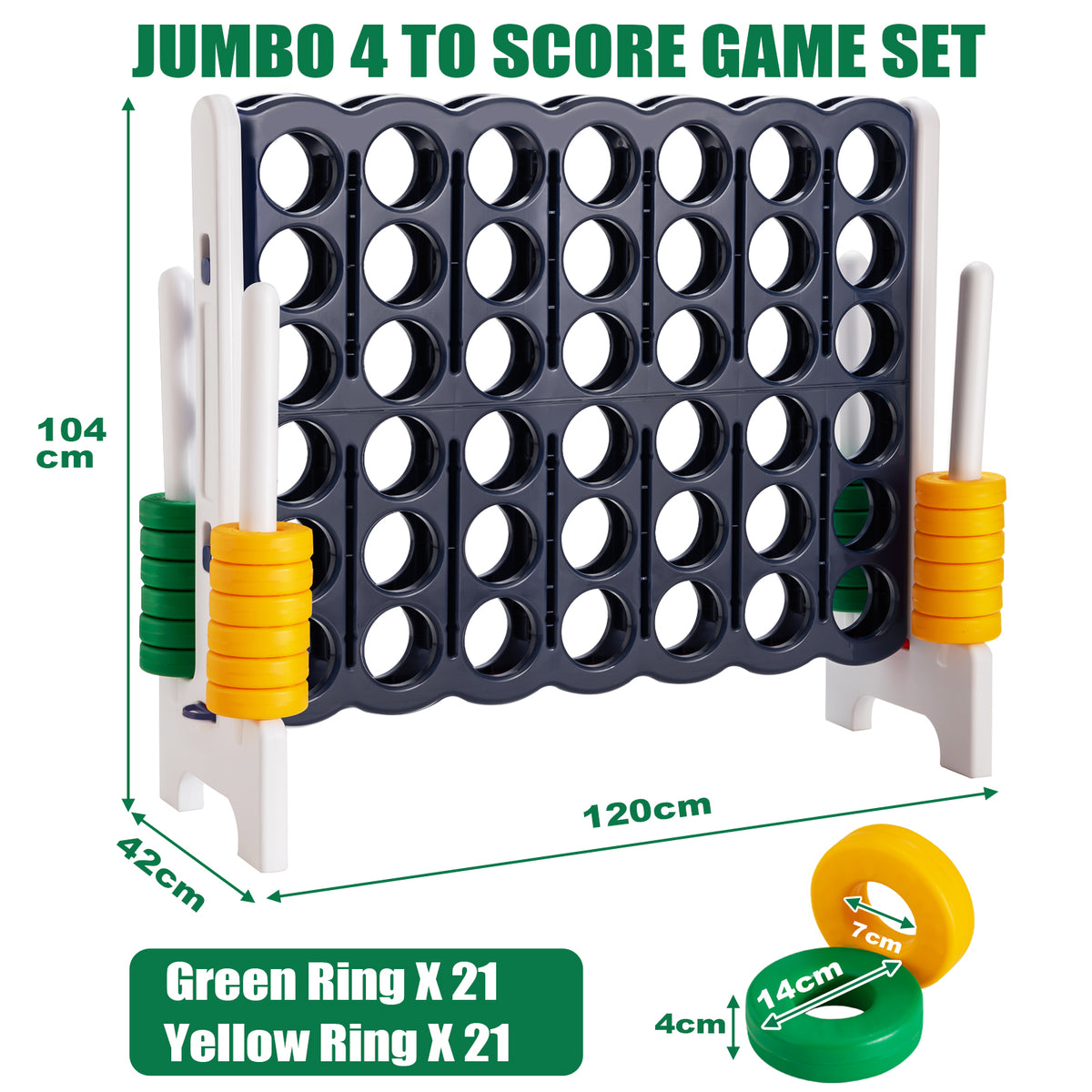 Giant four-in-a-row lawn game with dimensions and ring counts shown