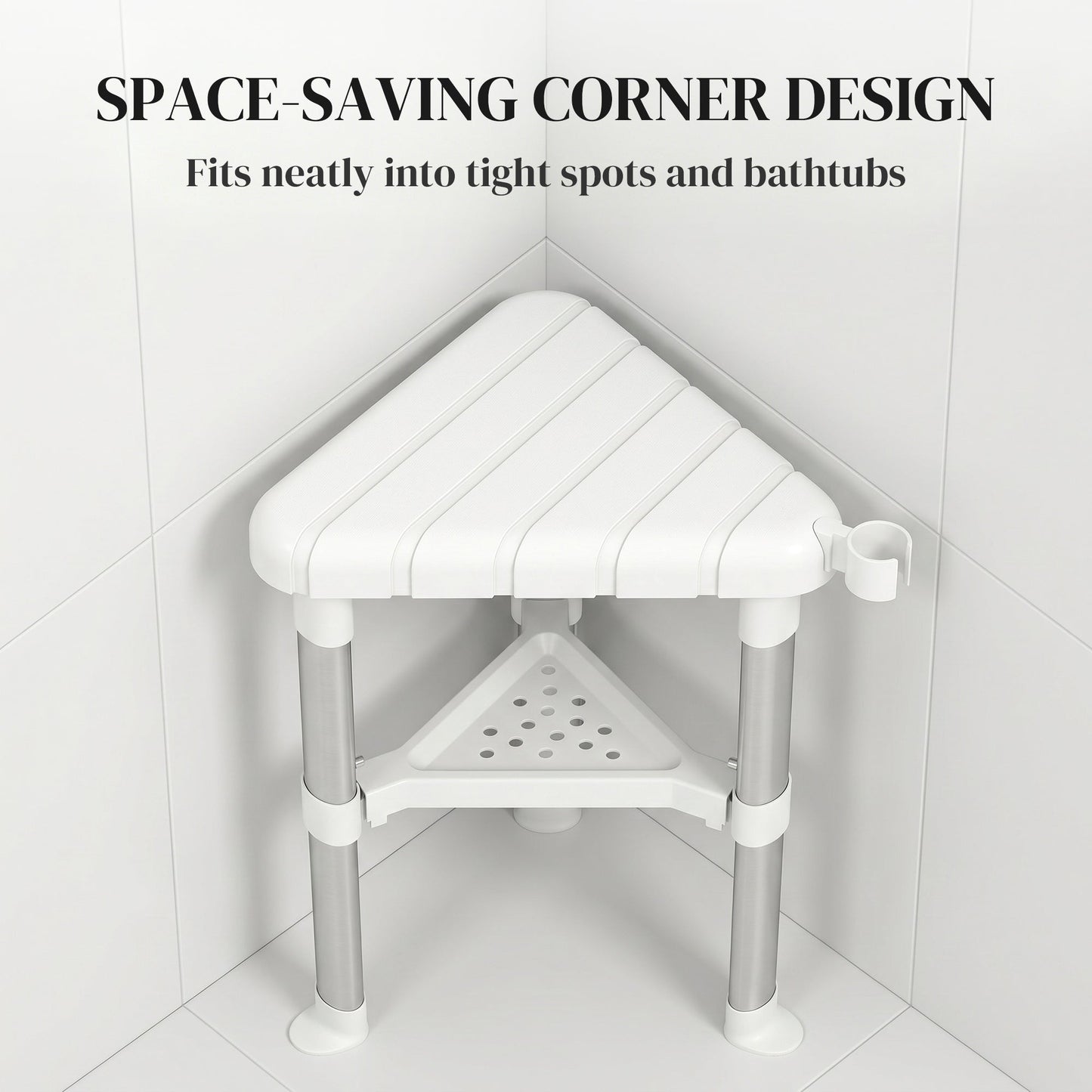 HOMCOM Shower Stool, Aluminium Alloy Corner Shower Chair with Storage Shelf and HDPE Seat, Adjustable Height, White