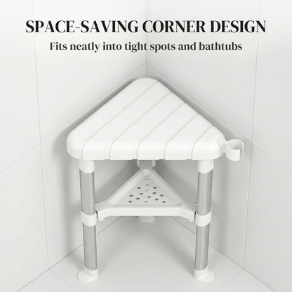 HOMCOM Shower Stool, Aluminium Alloy Corner Shower Chair with Storage Shelf and HDPE Seat, Adjustable Height, White