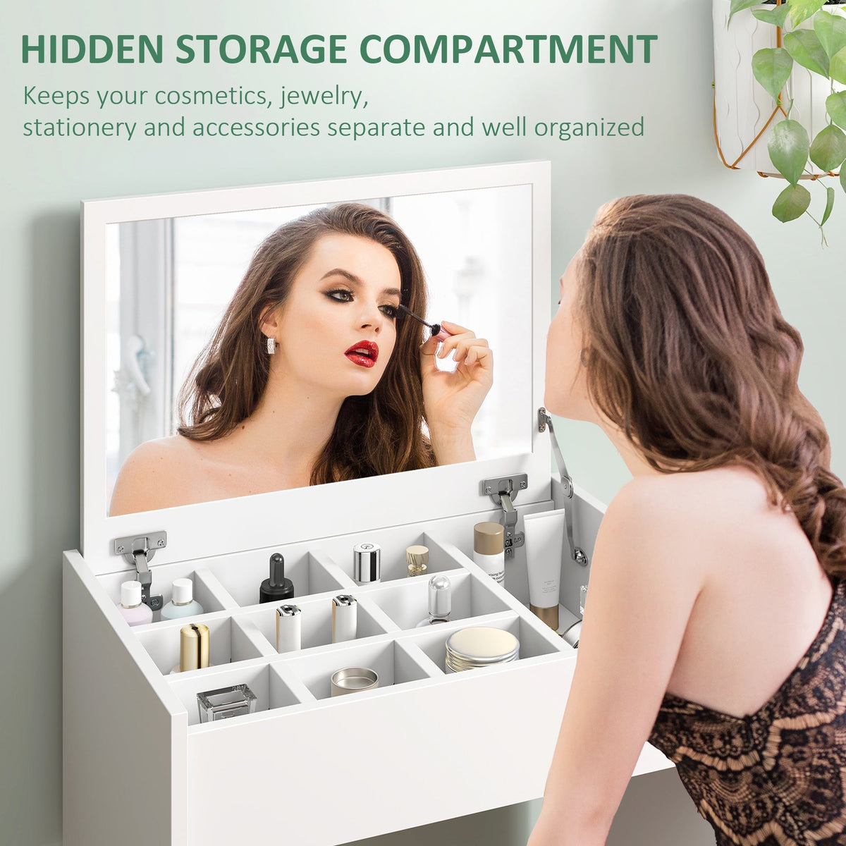 طاولة تزيين HOMCOM مع مرآة ومقعد، طاولة مكياج مع مرآة قلابة، مكتب زينة مع وحدة تخزين ومقعد مبطن، أبيض