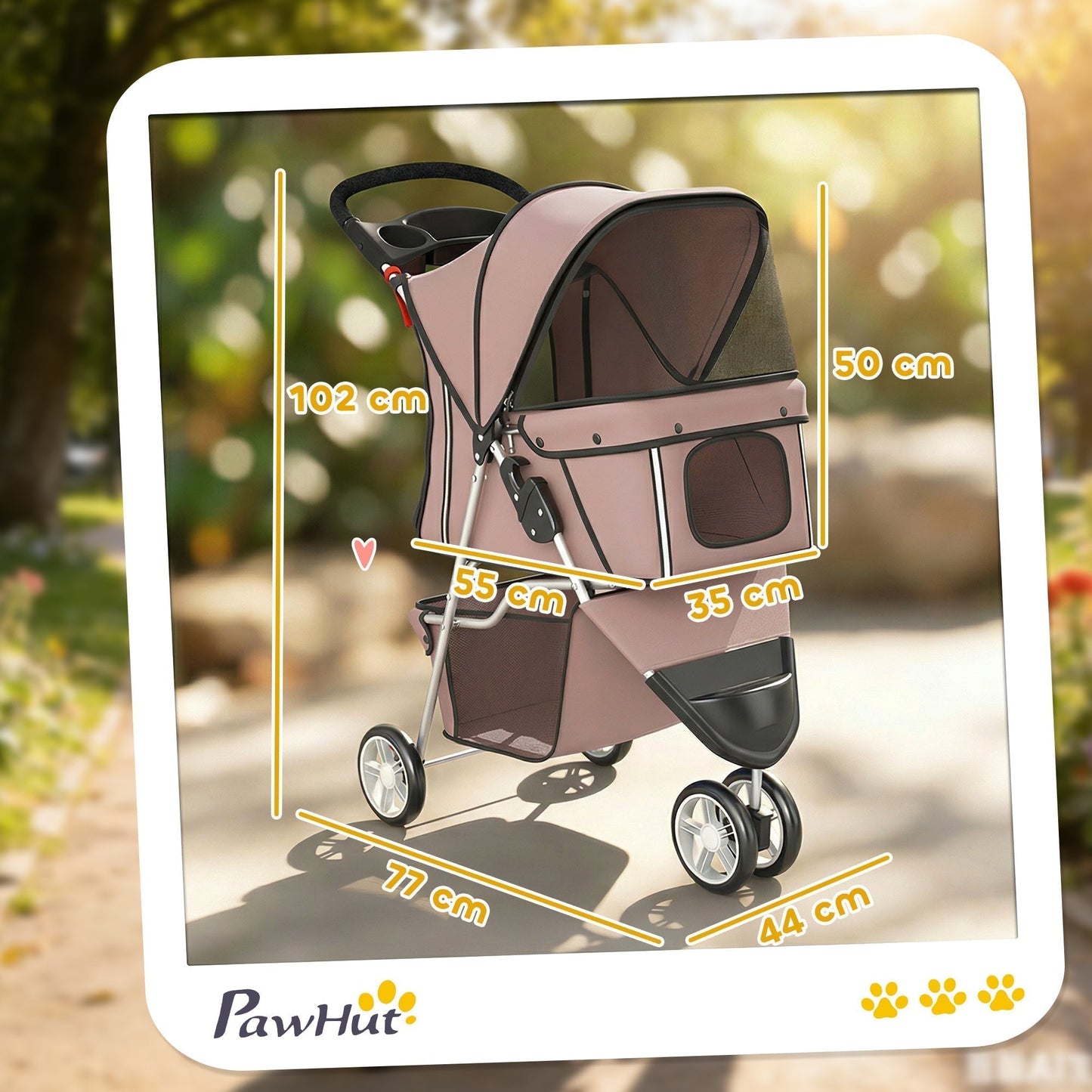 PawHut Dog Stroller, 3 Wheels Foldable Pet Stroller with Adjustable Canopy, Storage Basket for Small Mini Breeds, Coffee