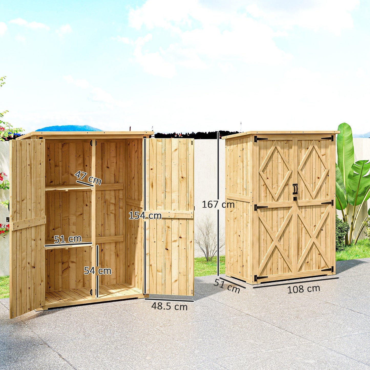 Outsunny Wooden Garden Storage Shed, Tool Storage Cabinet with Asphalt Roof and 2 Shelves for Garden Tools, Equipment, Outdoor Tool Shed with Double Doors, Natural