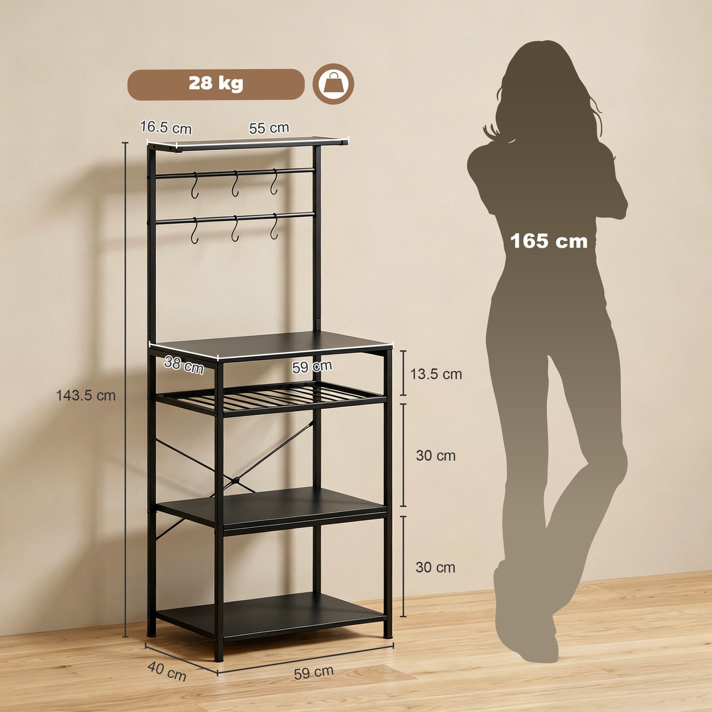 HOMCOM Freestanding Shelving Unit, Industrial Storage Shelf with 6 Hooks and Wine Rack for Living Room, Home Office, Black