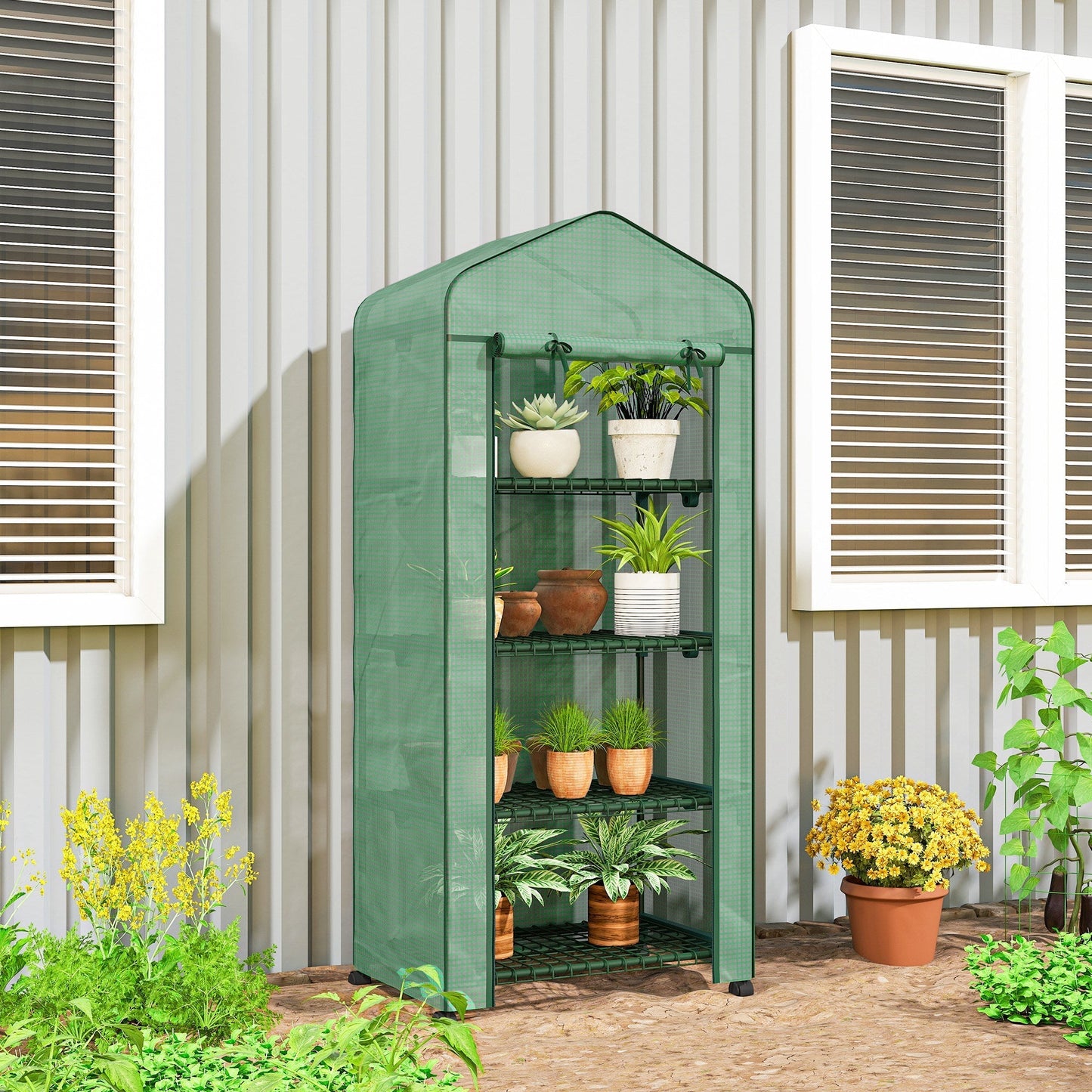 Outsunny 4 Tier Mini Portable Greenhouse Compact Plant Grow Shed Metal Frame PE Cover with Lockable Rolling Wheels , Green