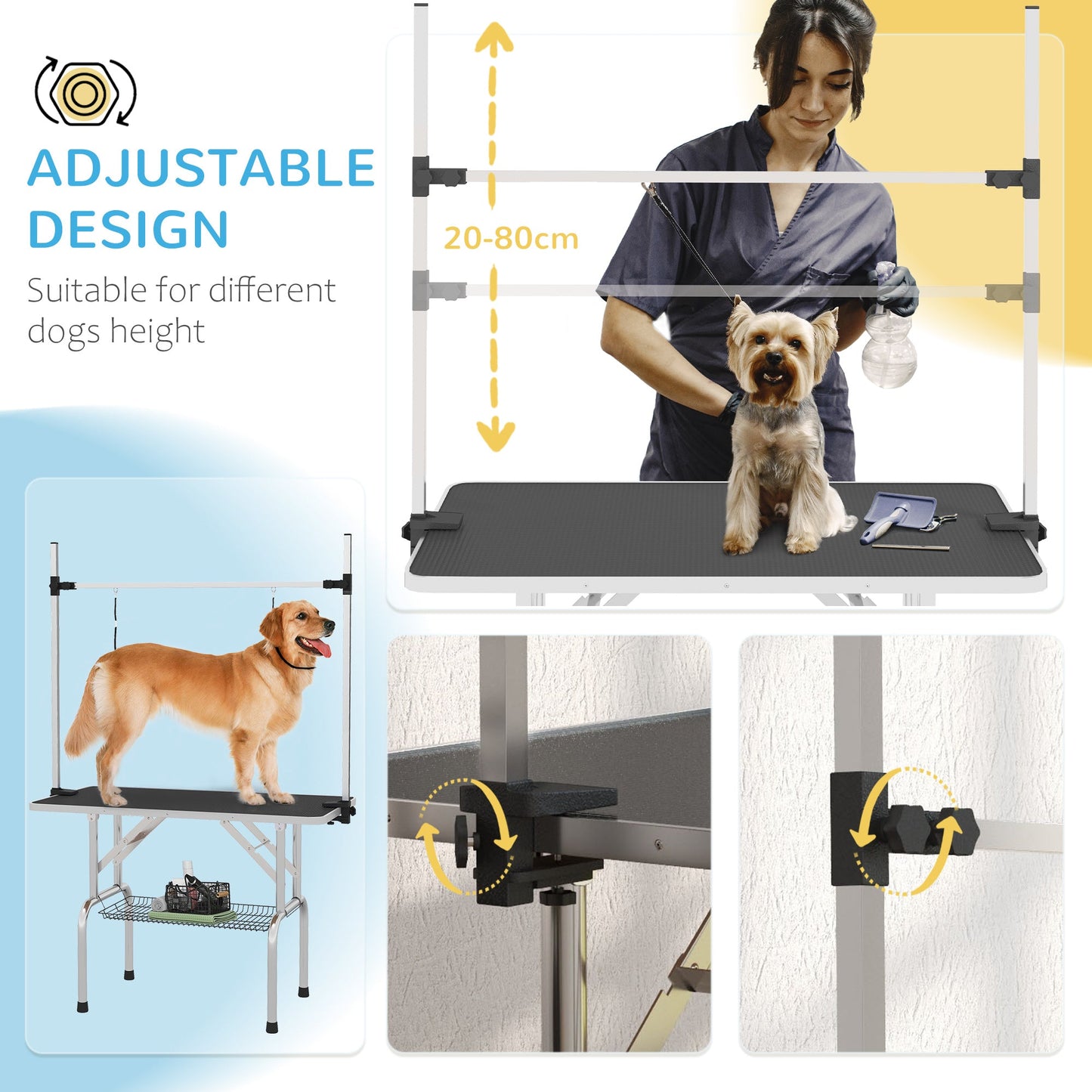 PawHut 42" Dog Grooming Table, Adjustable Pet Cat Drying Beauty Table with 2 Loops Storage Basket, Rubber Top, Black