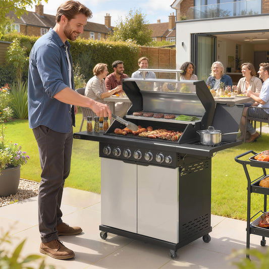 Outsunny 6+1 Burner Gas BBQ Grill in Silver Tone